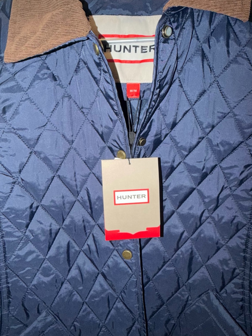 Hunter Rachel Navy Quilted Jacket with Brown Corduroy Collar Women New - Picture 2 of 7